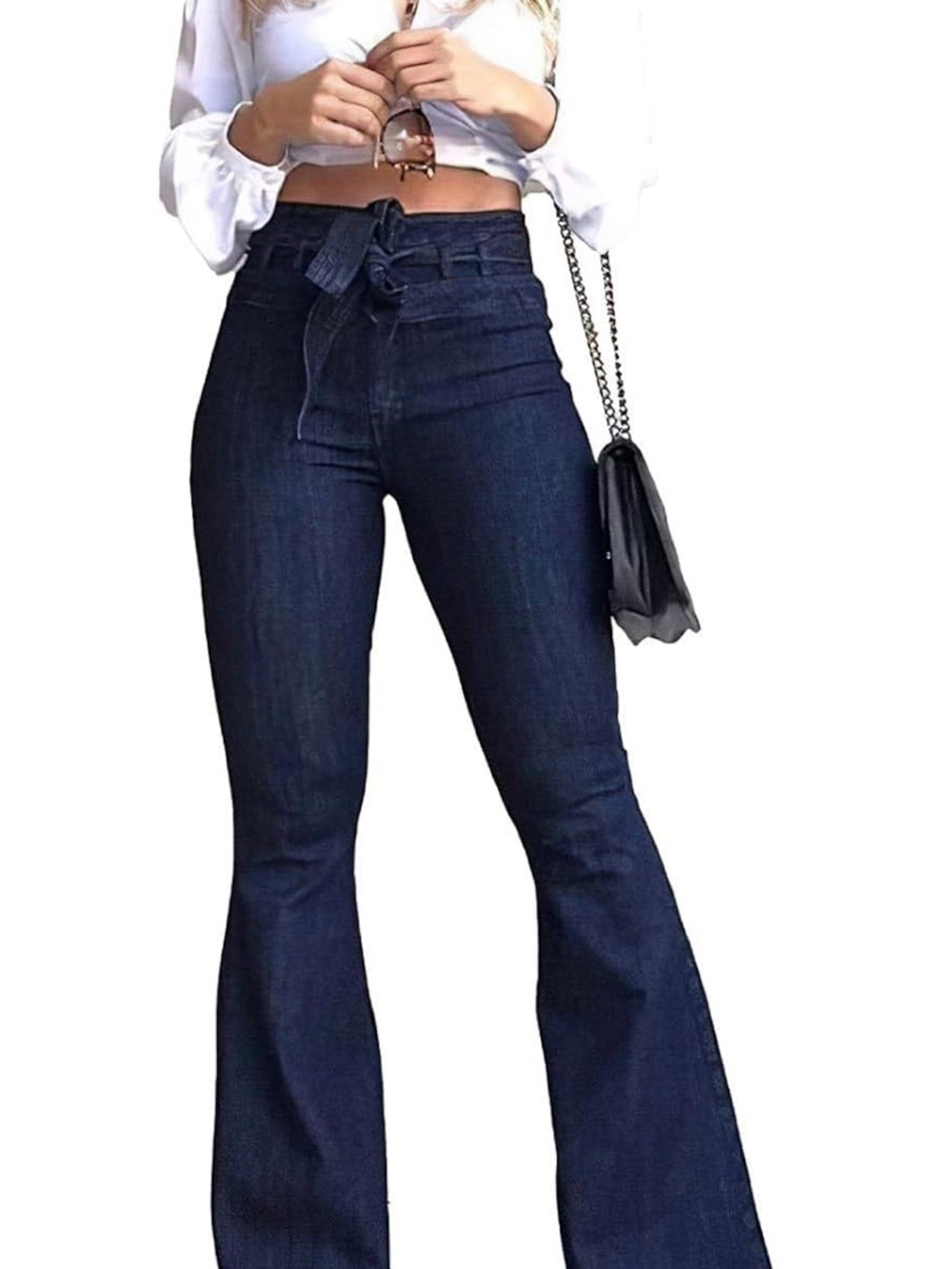 Amazon Dark Blue High-Waisted Tie-Belt Flare Jeans - Women